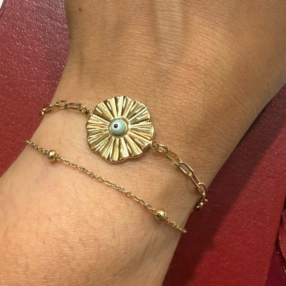 Dainty Gold Evil Eye Sunburst Bracelet Adjustable Layered Protection Jewelry